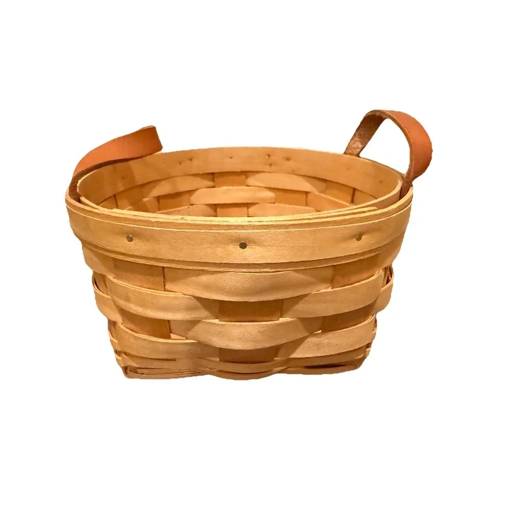 Vintage Round Woven Royce Craft Basket Leather Handles Made in Ohio 7